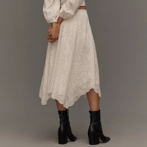 By Anthropologie EYELET ASYMMETRICAL MIDI SKIRT in Ivory - Picture 2 of 9